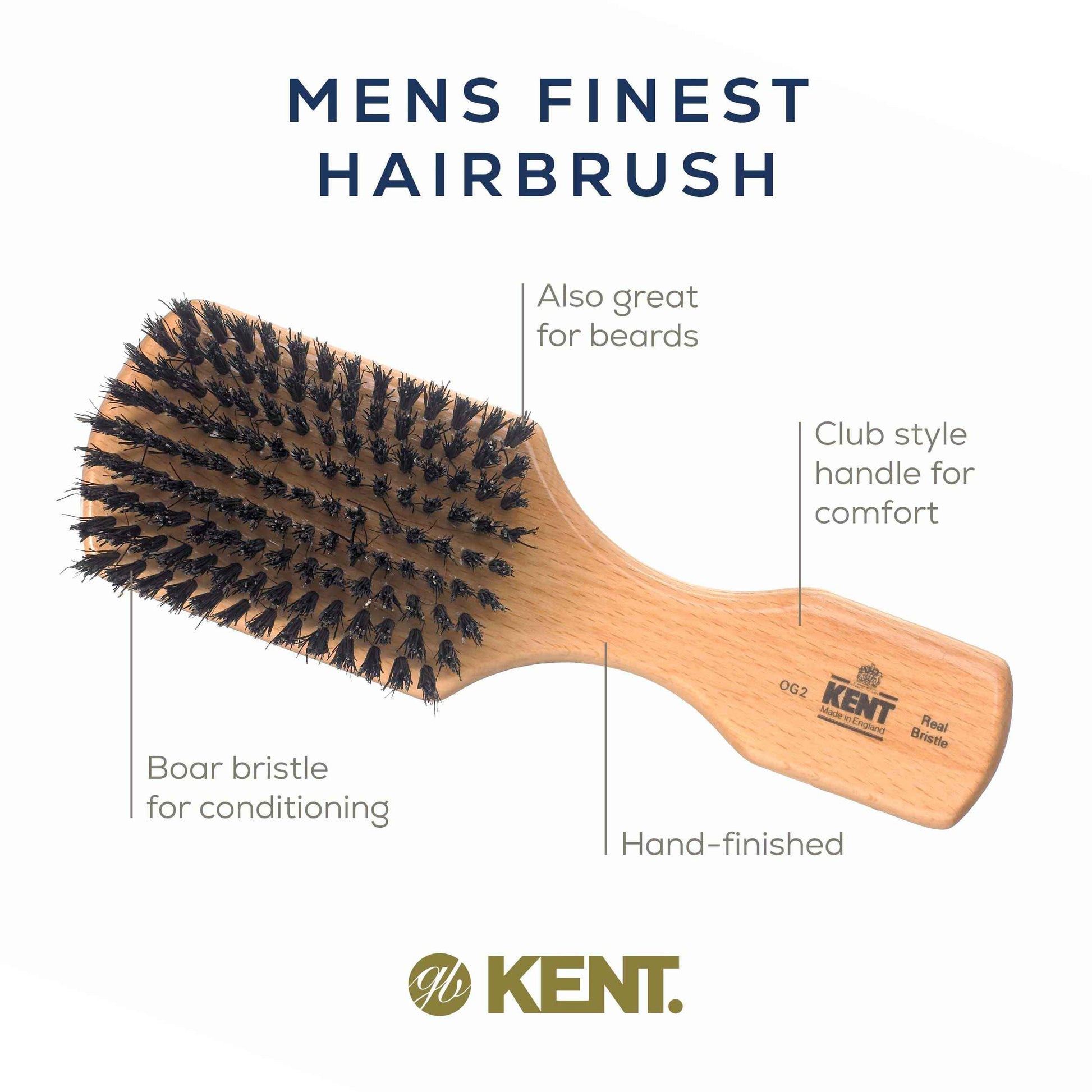 Kent OG2 Club Hair Brush, Small Boar Bristle Hair Brush for Men, Natural Boar Bristle Beard Brush for Men, Beechwood Kent Brush for Hair and Beards and Beard Straightener