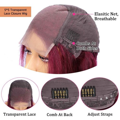 SUPERNOVA Lace Front Wigs Human Hair Burgundy Body Wave 5x5 Transparent Lace Closure Wigs For Black Women 180% Density Pre Plucked Red Wig Hair (16inches)