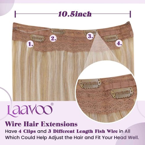LaaVoo Invisible Wire Hair Extensions Human Hair Golden Brown Mixed Light Blonde Wire Human Hair Fish Line Extensions One Piece Human Hair Extensions 20 Inch 100g