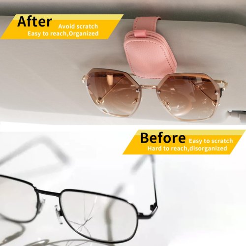 Yuoyar Sunglass Holder for Car, Magnetic Leather Sunglasses Holder and Ticket Card Clip, Car Visor Accessories, 2 Packs (Pink)