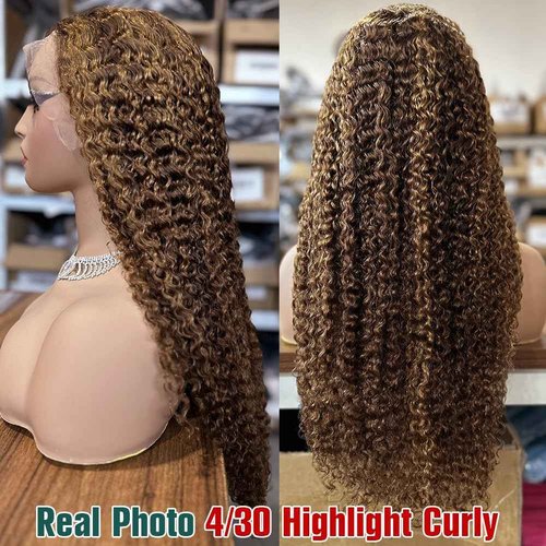 CYNOSURE Ombre Highlight HD Transparent Lace Front Wig Human Hair Pre Plucked 180% Density Flawless Hairline Curly Human Hair Wigs for Black Women 4/30 Honey Blonde Colored Wigs(16, 4/30highlight)