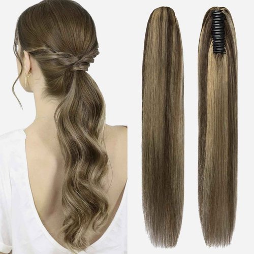 FUOTONBUTY Claw Clip Ponytail Extension 100% Real Remy Human Hairpiece Pony Tails Hair Extensions Long Straight Ponytail for Women (14 inch, Balayage Dark Brown to Chestnut Brown)