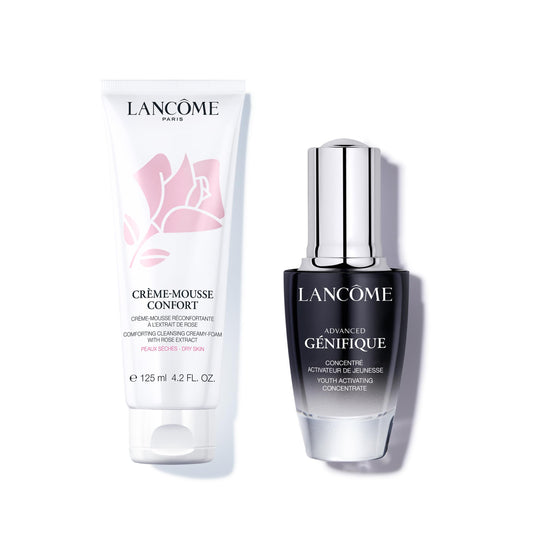 Lancôme Hydrating and Plumpling Skincare Duo - Créme Mousse Confort Foaming Facial Cleanser 4.2 Fl Oz & Génifique Radiance Boosting Anti-Aging Face Serum 0.67 Fl Oz.