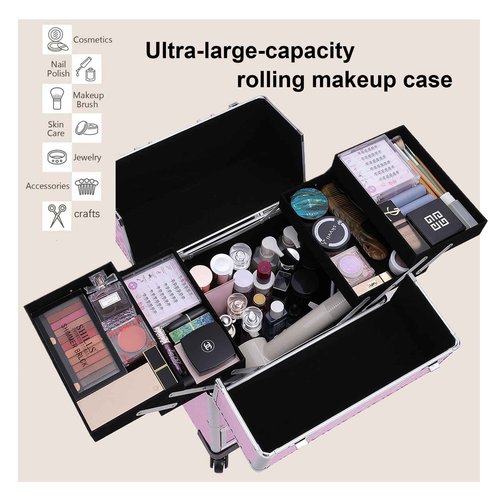 TOPACK Rolling Makeup Train Case,Professional Cosmetology Case on Wheels,Large Cosmetic Organizer Trolley Case,Makeup Travel Case with Draws,Nail Artist Hairstylist Storage Traveling Cart Trunk,Pink