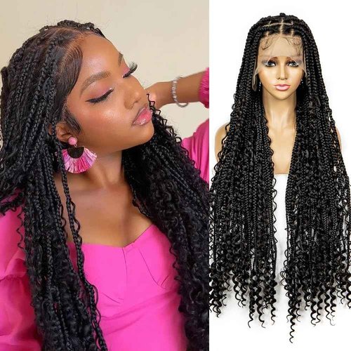 Braided Wigs for Black Women Full Lace Knotless Box Braided Wavy Wave Loc Wig Synthetic Lace Front Braided Wigs with Baby Hair Handmade Faux Locs Wig