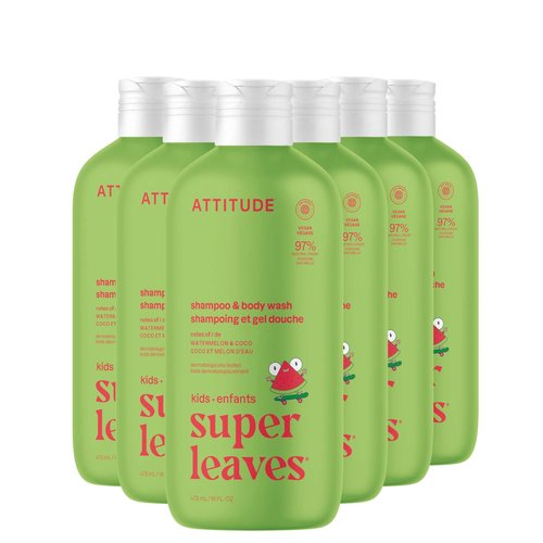 ATTITUDE Shampoo and Body Wash for Kids, EWG Verified, Dermatologically Tested, Plant- and Mineral-Based Ingredients, Vegan and Cruelty-Free, Watermelon and Coco, 16 Fl Oz (Pack of 6)