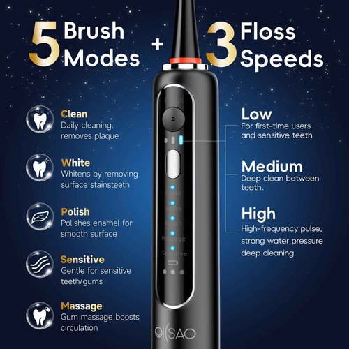 OILSAO Electric Toothbrush with Water Flosser Combo in One, Professional Flossing Toothbrush for Teeth Cleaning and Flossing, Plaque Removal, Rechargeable, 5 Brush Modes & 3 Flossing Speeds, 500ML