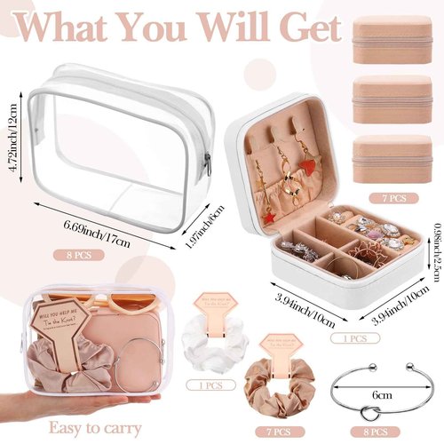 FoldTier 56 Pcs Bridesmaid Proposal Gifts Maid Gifts Clear Cosmetic Bags Jewelry Storage Boxes Hair Clip Hair Scrunchies Heart Shaped Sunglasses Bracelet Powder Puffs for Wedding(Champagne)