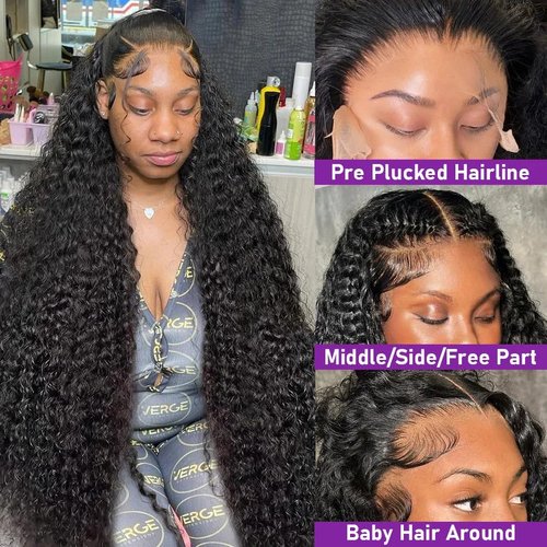 AYEGE 28 Inch 13X6 Deep Wave Lace Front Wigs 180% Density Deep Curly Wig Pre Plucked Glueless HD Lace Frontal Wig with Baby Hair for Women