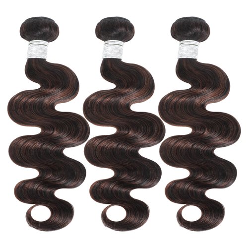 AUROO Brown Highlight Body Wave 3 Bundles Human Hair 10 12 14 Inch, 12A 2-Tone #F2/4 Dark Brown with Chestnut Streaks Ombre Human Hair Bundles 100% Virgin Real Hair Wavy Weave Thick Track Sew in Remy