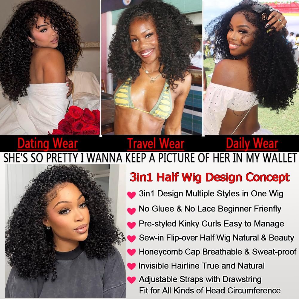 OWNROSE Half Wig Human Hair 200 Density Kinky Curly Half Wig 3 In 1 Seamless Flip Over Glueless Wigs Human Hair with Drawstring Beginner Friendly Curly Wig Headband Wig for Women Daily Wear 20 Inch