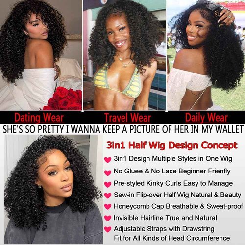 OWNROSE Half Wig Upgread 3 In 1 Kinky Curly Half Wig Human Hair 200 Density Glueless Wigs Human Hair Beginner Friendly Curly Wig Drawstring Seamless Flip Over Clip in Wigs for Women 16 Inch