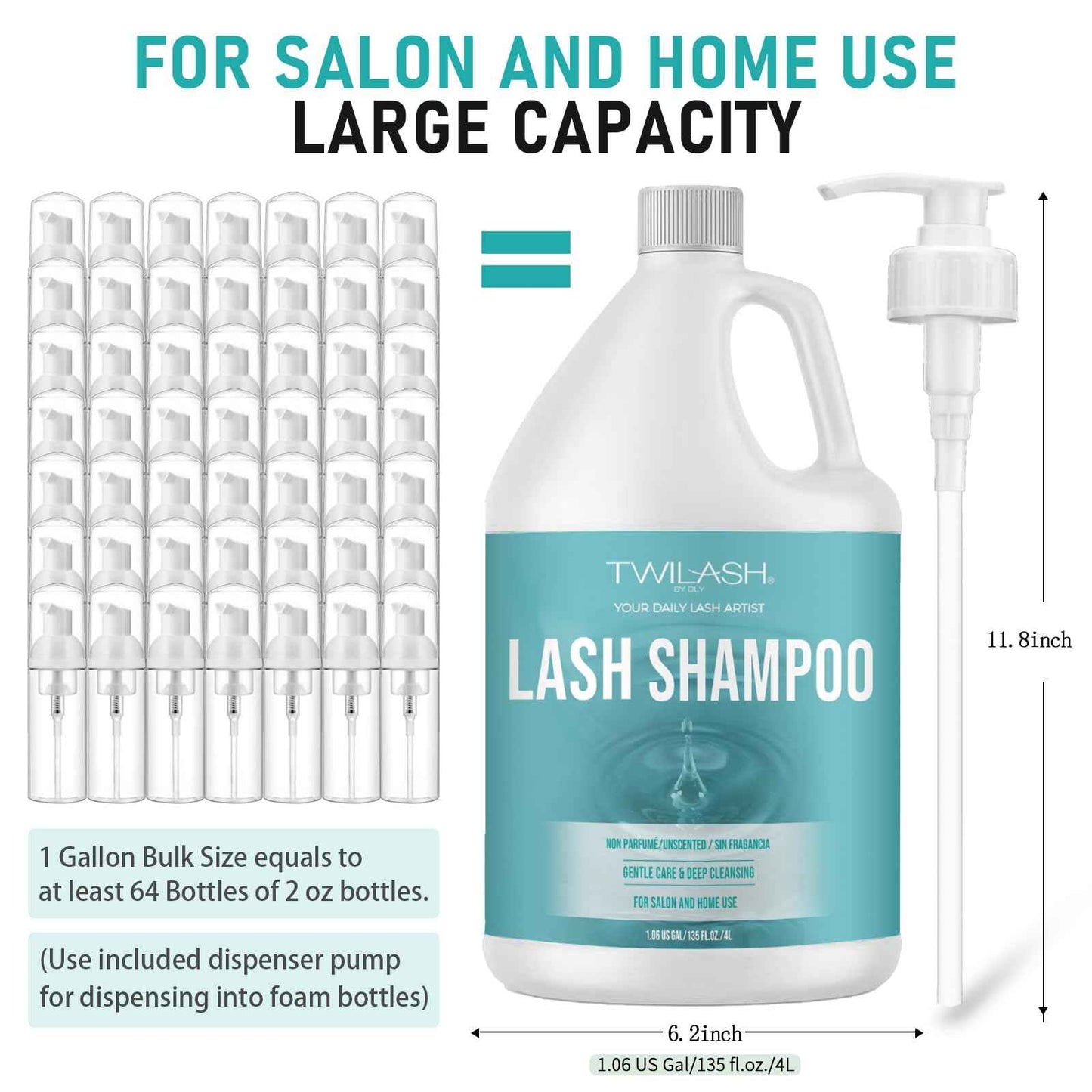 Lash Shampoo Bulk, Eyelash Cleanser for Extensions 4 Liters, Dispenser Pump, Safe Makeup Remover, Non-irritating or Burning Eyelid Foaming Cleanser for Professional Salon and Home Use (Unscented-4L)
