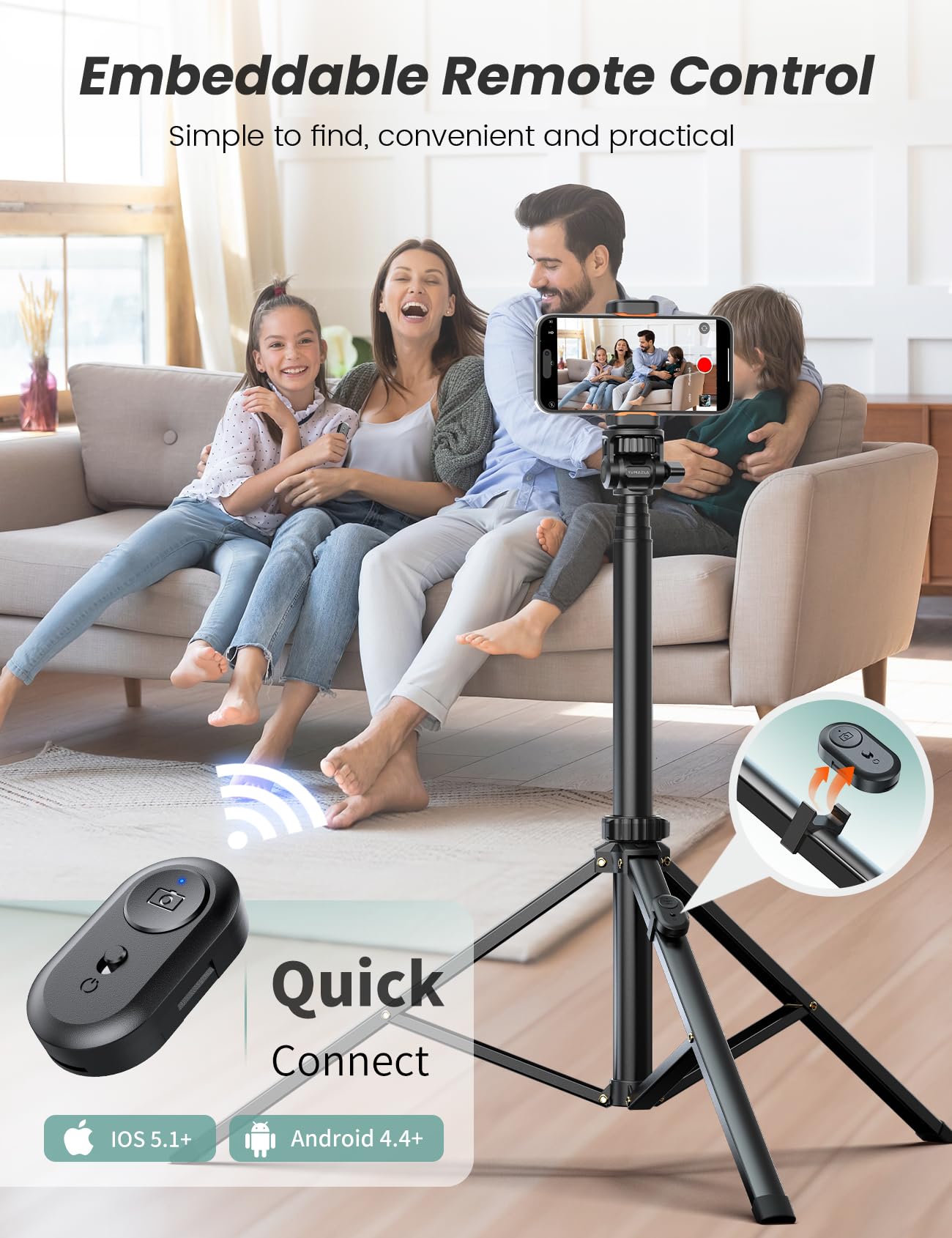 71''/180cm Phone Tripod & Selfie Stick, Portable Travel Stand for Video Recording, Travel Tripod for iPhone/Cell Phone with Detachable Remote, Compatible with Smartphones, DSLR