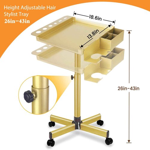 Salon Señor Multi-Function Salon Tray,Extension Hair Cart,Hairstylist Rolling Cart with Storage Platform and Hair Separator Stand,Gold