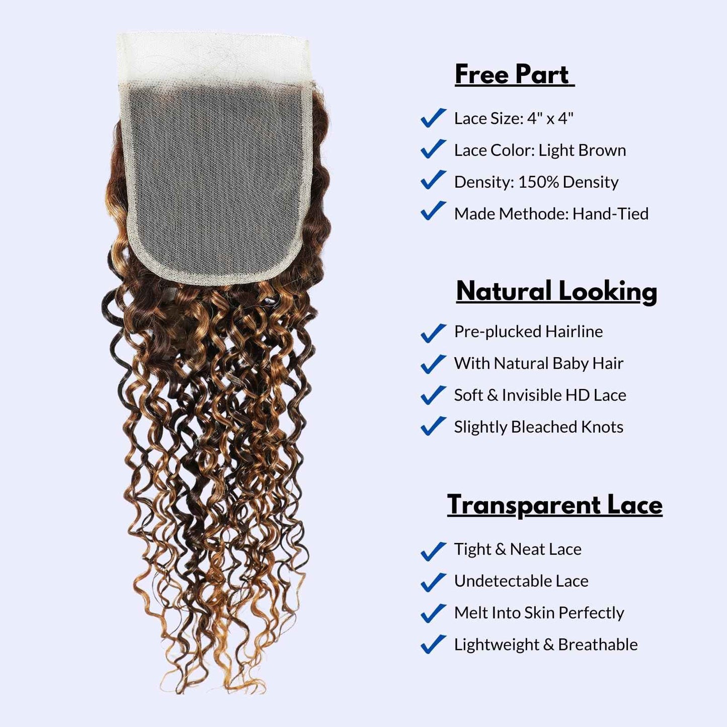 Honey Blonde Curly Human Hair Bundles With Closure, Ombre Water Wave Bundles 4x4 HD Lace Closure P4/27 Blonde And Brown Color, Soft & Shed-free Wet And Wavy 12A 100% Virgin Human Hair 10 12 14+10 Inch