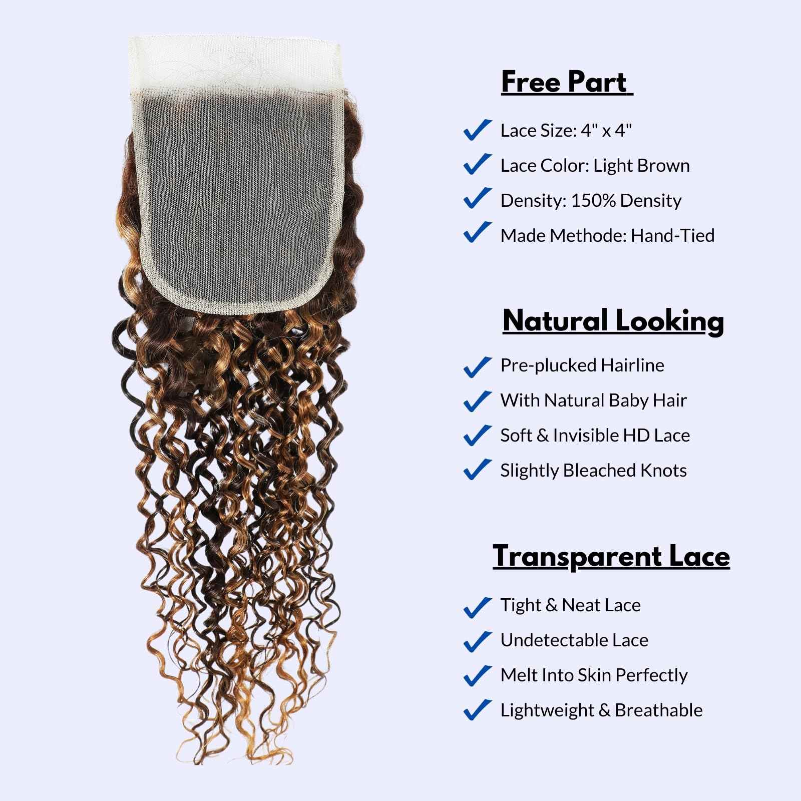 Honey Blonde Curly Human Hair Bundles With Closure, Ombre Water Wave Bundles 4x4 HD Lace Closure P4/27 Blonde And Brown Color, Soft & Shed-free Wet And Wavy 12A 100% Virgin Human Hair 10 12 14+10 Inch