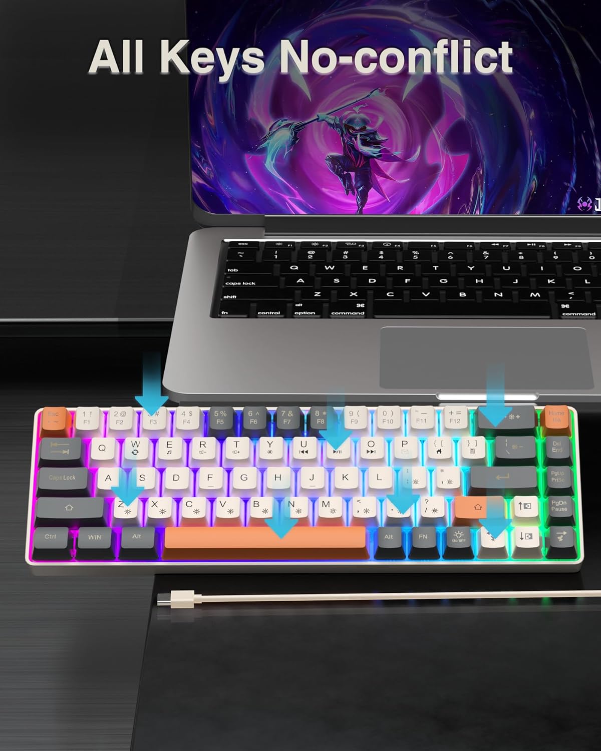 60% Gaming Keyboard,Small Keyboard USB-C Wired,Compact Mini Teclado Gamer,68 Keys RGB Backlit Portable Membrane Keyboards for Business Trips,Office,PC Games (SK968,White)