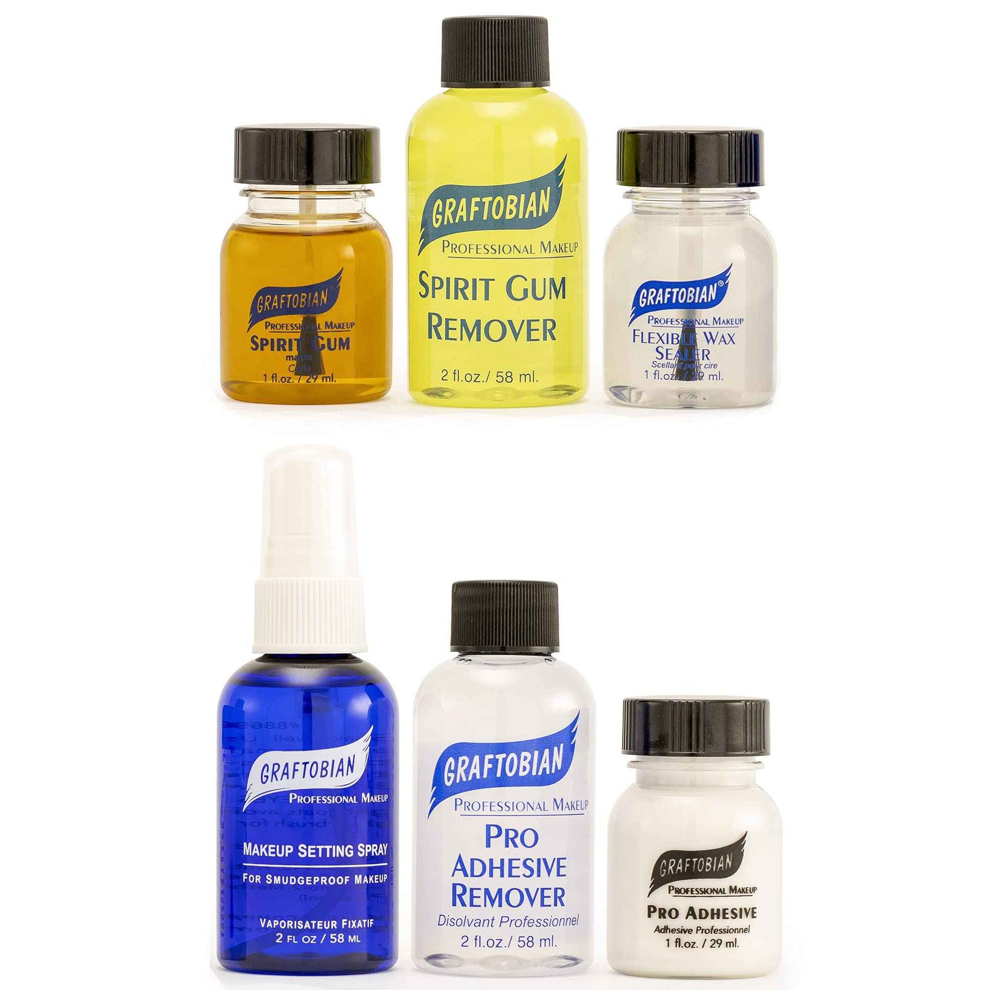 Graftobian Deluxe Adhesives Kit for Special Effects Makeup - Apply Prosthetics and Hair - Set and Seal FX Makeup - Includes Spirit Gum & Remover, Pro Adhesive & Remover, Flexible Wax Sealer & Setting Spray