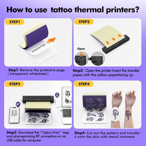 YISUN Tattoo Stencil Printer, Portable Wireless Tattoo Printer, 2000mah Rechargeable Battery with 10 Transfer Papers, Compatible with Android,iOS & Windows