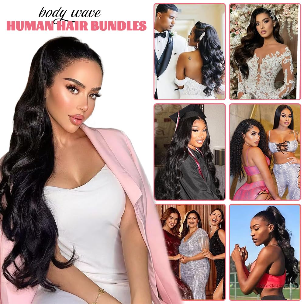 14A Human Hair Bundles 20 22 24 Inch Body Wave Bundles Human Hair 100% Unprocessed Brazilian Virgin Hair Body Wave 3 Bundles Human Hair Extensions for Women Natural Color Quick Weave