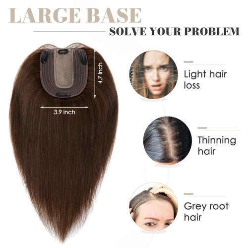 Elodia Human Hair Topper for Women No Bangs Large Base Clip in Real Hair Topper Hair Pieces for Thinning Hair Cover Grey Hair 12 inch Medium Brown