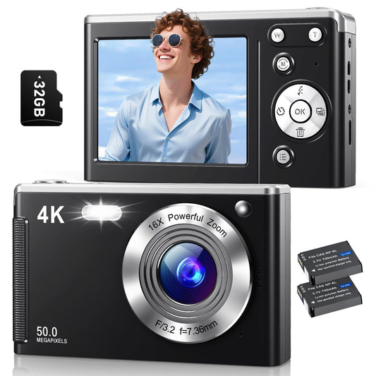 4K Digital Camera, Autofocus Vlogging Cameras for Photography with 32GB Card, 50MP Portable Compact Point and Shoot Digital Camera for Beginner Teens Adult with 16X Zoom Anti-Shake, 2 Batteries