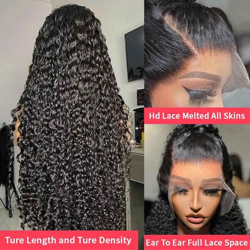 QKOQKO 13x6 Water Wave Lace Front Wigs Human Hair Wigs 10A 250 Density HD Transparent Wet and Wavy Lace Front Wigs Glueless Deep Curly Lace Frontal Wigs Human Hair Pre Plucked for Women（12 Inch）