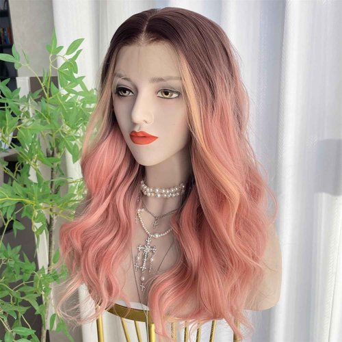 VASTCURY Rose Pink Wigs Highlight Orange Ombre Color 13x4 Synthetic Fiber Lace Front Wig Body Wave 18Inch Pre Plucked Hairline for Women