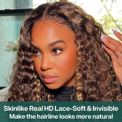 CYNOSURE Ombre Highlight HD Transparent Lace Front Wig Human Hair Pre Plucked 180% Density Flawless Hairline Curly Human Hair Wigs for Black Women 4/30 Honey Blonde Colored Wigs(16, 4/30highlight)