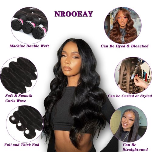 NROOEAY 12A Brazilian Body Wave Human Hair 3 Bundles 18 20 22 Inch 100% Unprocessed Brazilian Virgin Human Hair Weave Bundles Body Wave Hair Extensions Natural Color