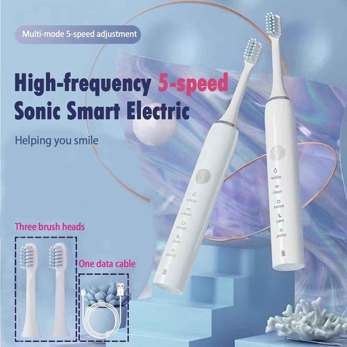 Sonic Electric Toothbrush with 3 Brush Heads for Adults and Children, USB Quick Charge, White Rechargeable Electric Toothbrush