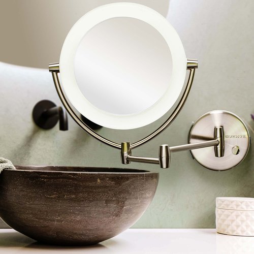Ovente 7.5" Lighted Wall Mount Makeup Mirror, 1X & 10X Magnifier, Spinning Double Sided Round LED w/ Dimmer Switch, Extend, Retractable & Folding Arm, Battery USB Powered Nickel Brushed MLW75BR1X10X