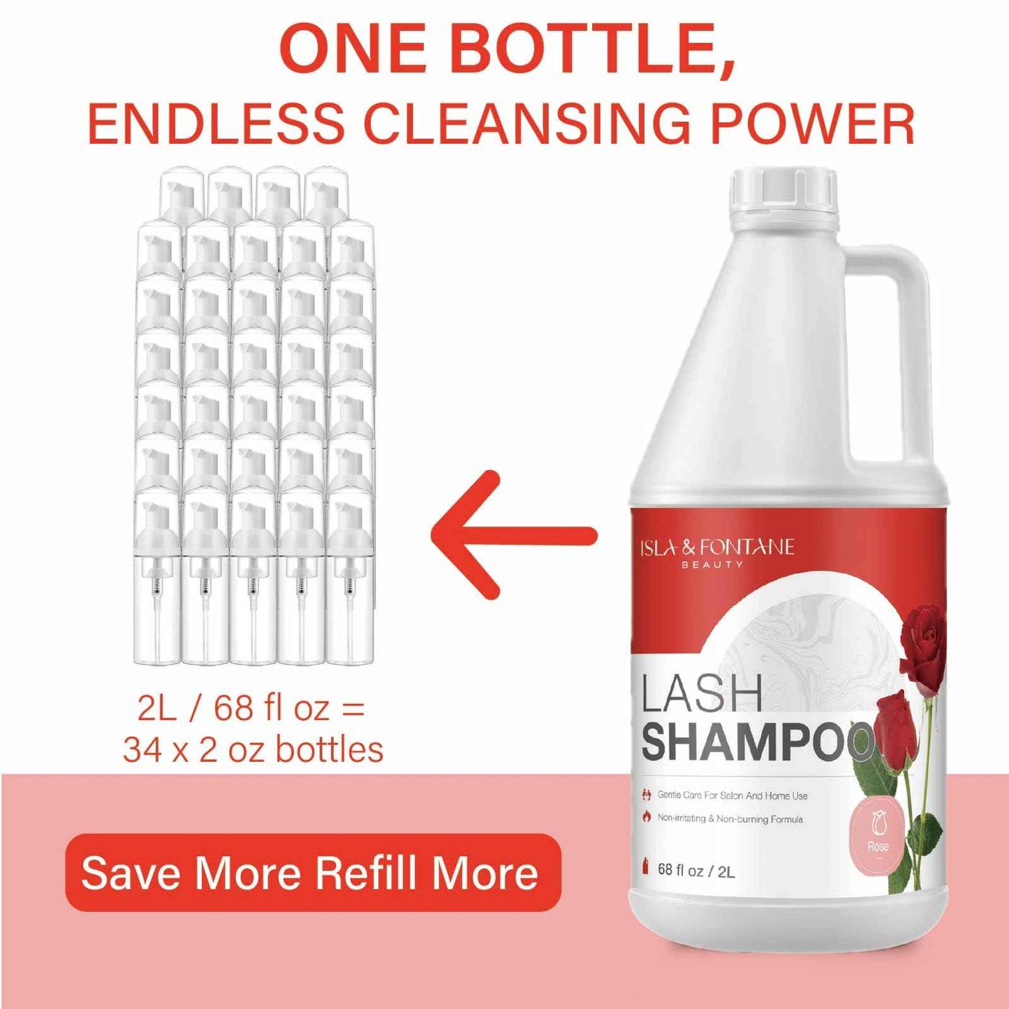 ISLA & FONTANE Lash Shampoo Bulk – Multi-Scent Series – 68 fl oz / 2L | Gentle Eyelash Cleanser Bulk for Lash Extensions | Non-Irritating | Professional Lash Bath Foam For Salon And Home Use (Rose)