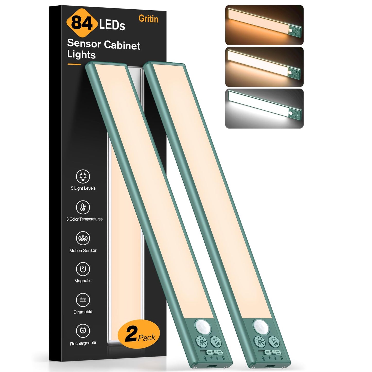 Gritin 10.2inch Under Cabinet Lighting Rechargeable -84 LED Super Bright,3-Color& 5 Level Brightness,4 Modes,Motion Sensor, Long Lasting- Easy Installation Magnetic Closet Lights -2 Pack-Green