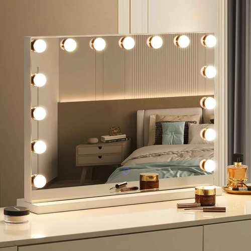 Amifiy Hollywood Vanity Mirror with Lights, 23"x18" Lighted Makeup Mirror for Desk/Wall Mount with 15 Led Bulbs, 3 Lighting Modes for College Dorm, Bedroom & Dressing Room (White)
