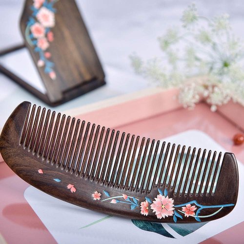 TAN MUJIANG Natural Wooden Comb & Mirror Set - Handcrafted Natural Wooden Haircare Kit with Sakura Design