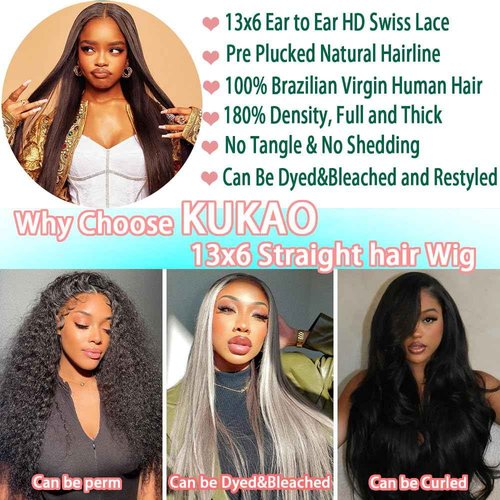 KUKAO 13x6 Lace Front Wigs Human Hair 180 Density Straight HD Lace Front Wigs Human Hair Pre Plucked Glueless Wigs for Women Straight Lace Frontal Wigs Natural Black 22 Inch