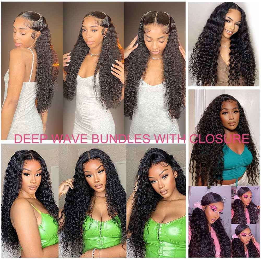 GOSSVOL Deep Wave Bundles with Closure Human Hair 20 22 24 inch Wavy Curly Hair Extensions 5x5 HD Lace Closure Free Part 100% Unprocessed Virgin Hair with Closure