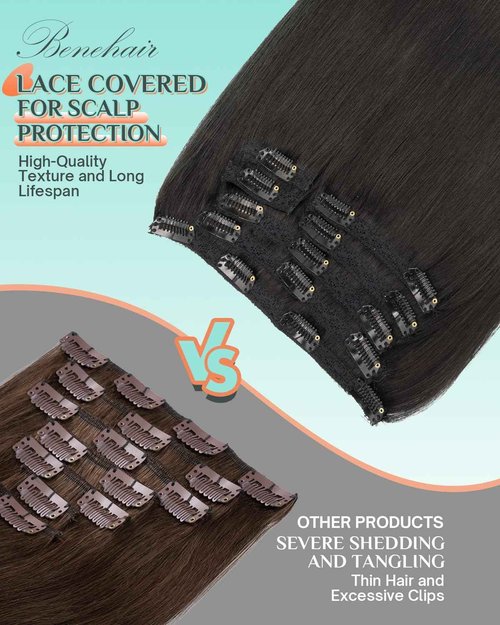 Benehair Clip in Hair Extensions Real Human Hair 22inch Double Weft Natural Black Hair Extensions Clip in Human Hair Invisible Lace Weft Straight Hair Extensions Clip ins 7pcs with 16 Clips 130g #1B