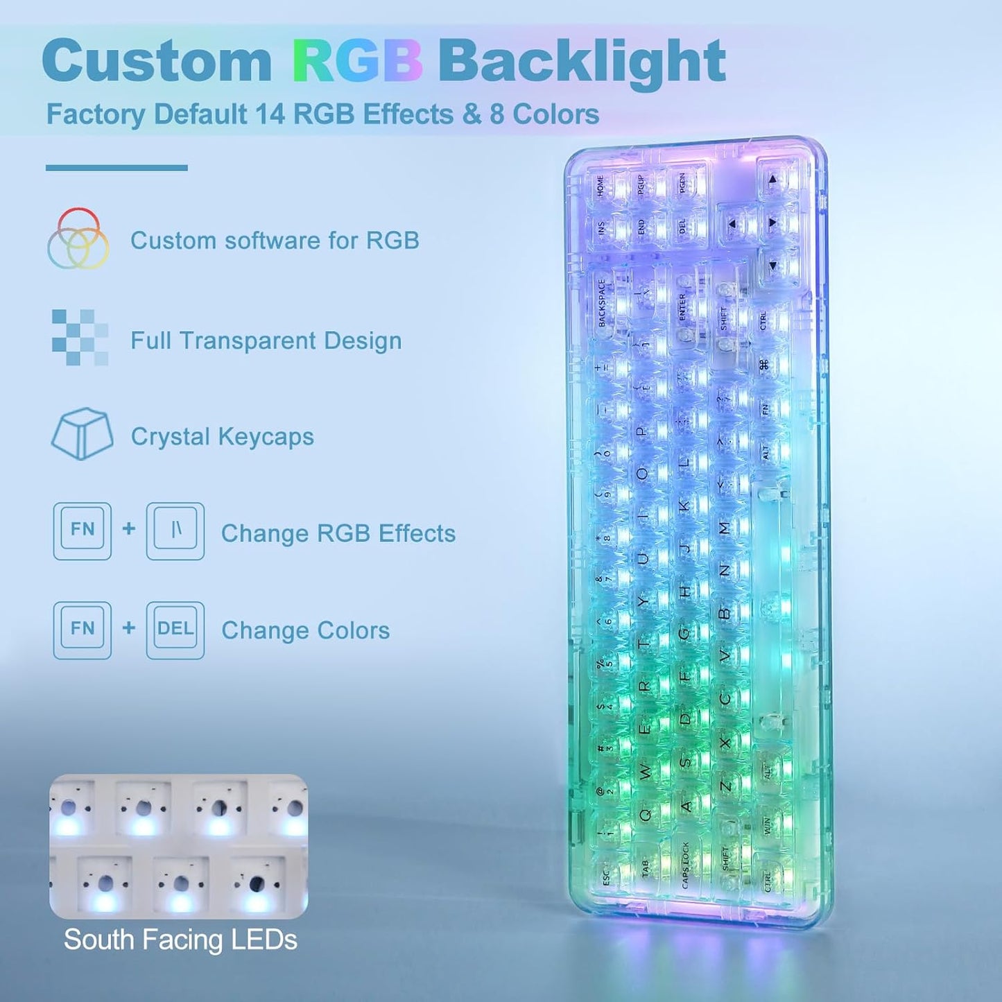 YUNZII X71 Wireless Hot Swappable Transparent Mechanical Keyboard with Clear Keycaps, 68% Layout, BT5.0/2.4G/USB-C Gasket Mount Wireless RGB Backlit for Windows/Mac(Crystal Ice Switch,Cyan)