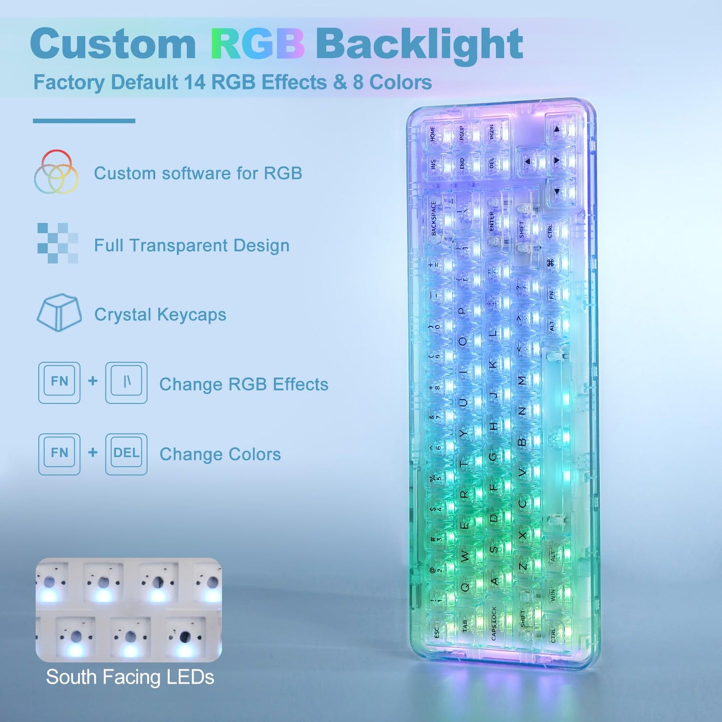 YUNZII X71 Wireless Hot Swappable Transparent Mechanical Keyboard with Clear Keycaps, 68% Layout, BT5.0/2.4G/USB-C Gasket Mount Wireless RGB Backlit for Windows/Mac(Crystal Ice Switch,Cyan)