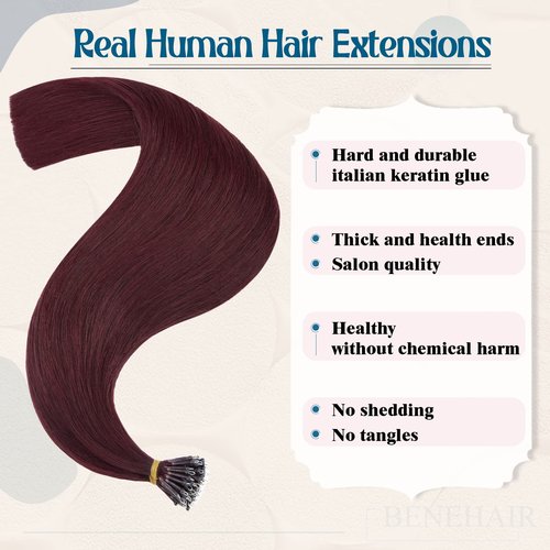 22inch Nano Beads Ring Hair Extensions Human Hair Burgundy Pre Bonded I Tip Keratin Fusion Stick Tipped Hairpiece Iron Loop Link Straight Micro Bead Remy Hair for Women Wine Red #99J 50g 50strands
