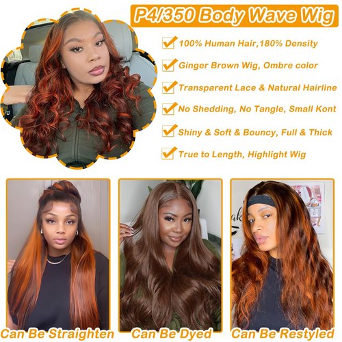 LAINSS 13x4 Highlight Ombre Lace Front Wig Human Hair Ginger Brown Body Wave HD Transparent Lace Frontal Wigs Pre Plucked Human Hair for Women P4/350 Colored Lace Front Wigs 180% Density 20Inch