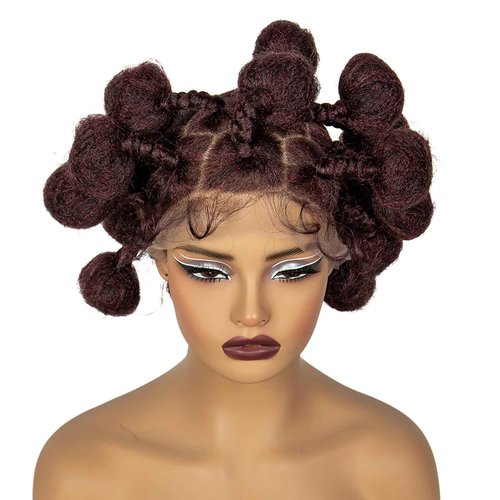 A ANYTIME Handmade Bantu Knotless Braided Wigs Synthetic Full Lace Braided Wig Buns Wig Full Lace Braids Wig with Baby Hair African Braiding Hair Wig for Black Women（1B-BUG