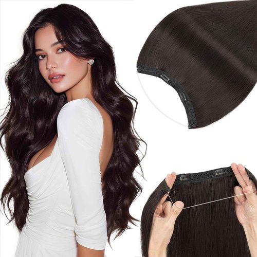 Rich Choices 100% Real Human Halo Hair Extensions for Women Remy Halo Extension Invisible Wire Hairpiece Clip in One Piece Hairpiece Upgrade Adds Weight 80g 18 Inch #1B Natural Black