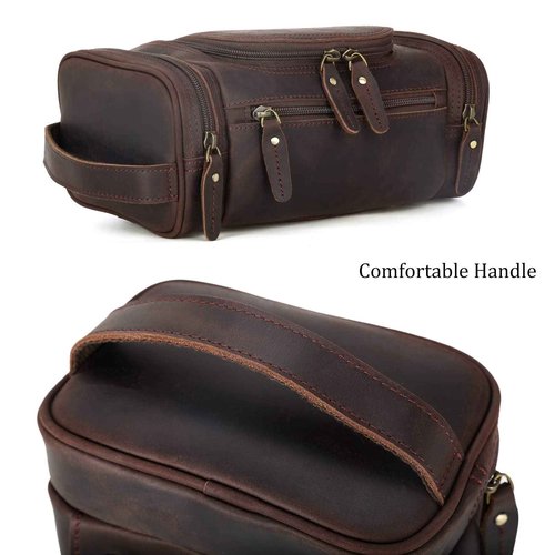 Polare Toiletry Bag Full Grain Leather Shaving Kit Dopp Kit Travel Case Wash Bag with YKK Zippers (Dark Brown)