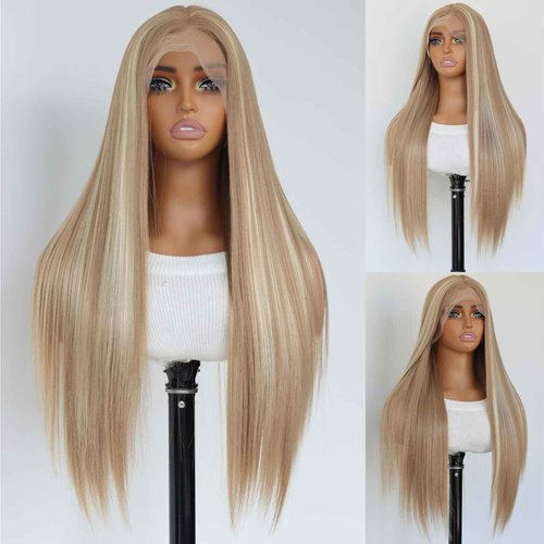 SALLYWELL Honey Blonde 13×4 Lace Front Wig Honey Blonde Highlights Heat Resistant Synthetic Wig For Women 180% Density 24Inch