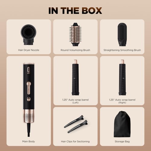 O.H.B 5 in 1 Air Wrap Hair Styler - High-Speed Hair Dryer Brush, Hot Air Styler with Fast Drying, No Heat Damage & Ionic Multi-Styler Dryer Brush for Volumize, Curl, Straighten, Frizz-Free, Black Gold
