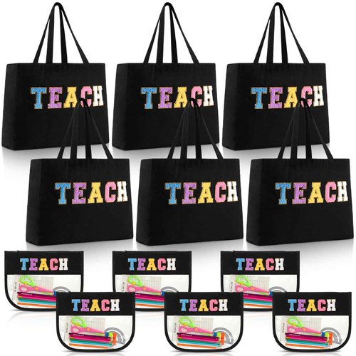 Talltalk 12 Pcs Teacher Tote Bags Bulk, Black Appreciation Gifts Chenille Letters Totes Bags with Makeup Pouch Set for Easter Graduation Party Teacher Gifts